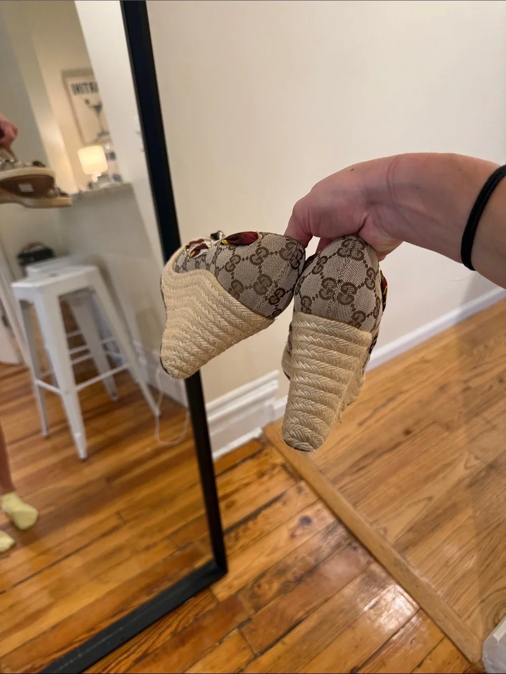 Designer Monogram Espadrille Wedge in Beige and Tan
